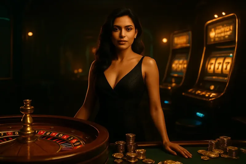 Confident woman in evening dress near roulette and slot machines in luxury Bangladeshi casino with neon green and gold accents